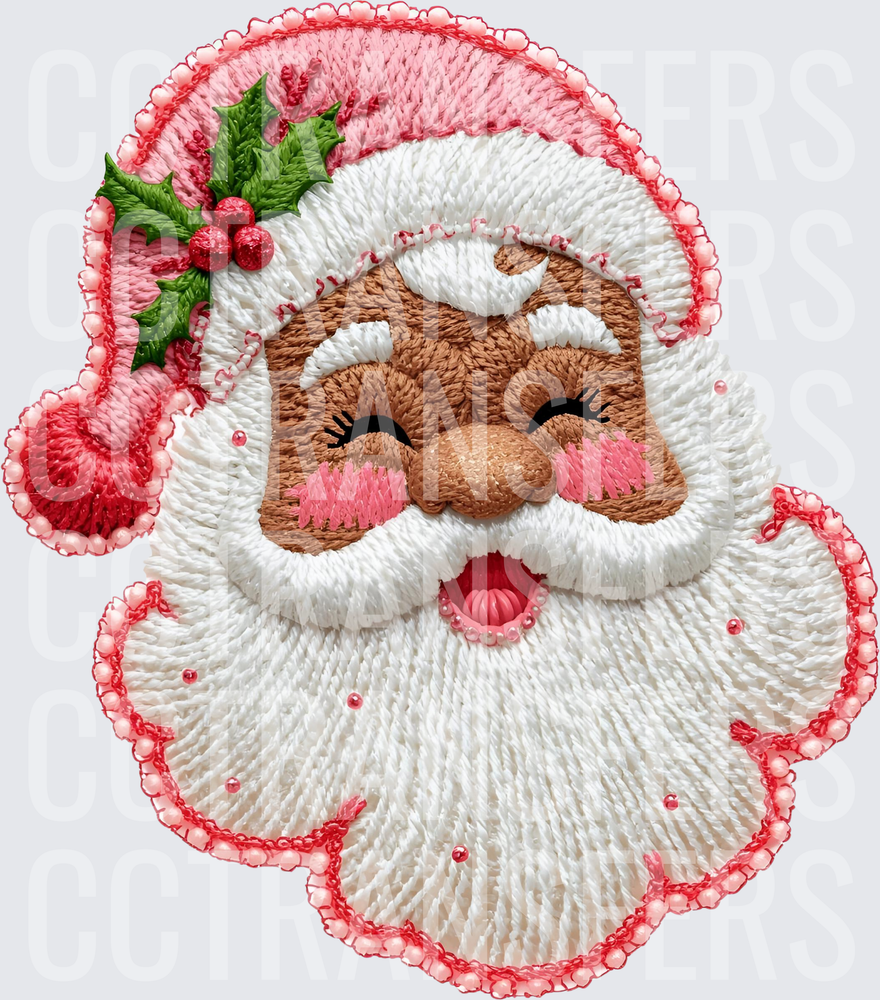 Embroidered Jolly Santa Face Pink Hat Holly Berries (DTF)