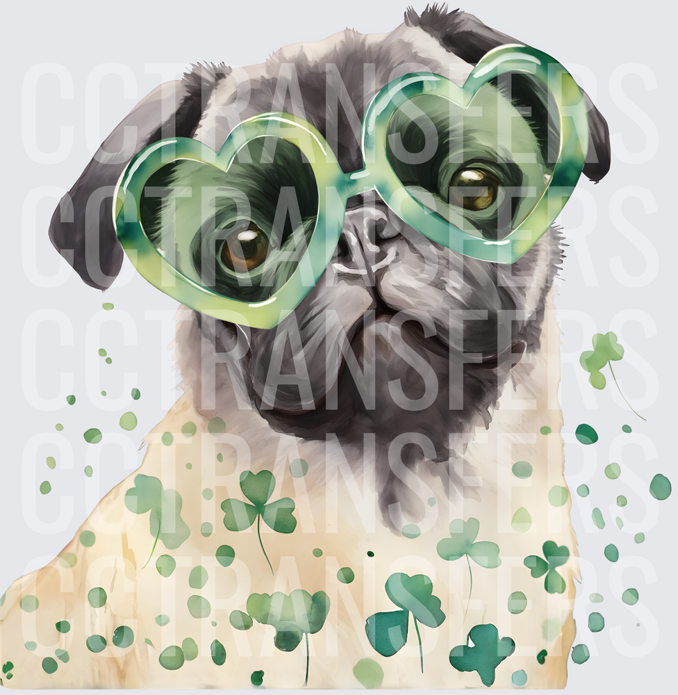 Watercolor Pug Heart Shamrock Glasses St. Patrick's Day (DTF)
