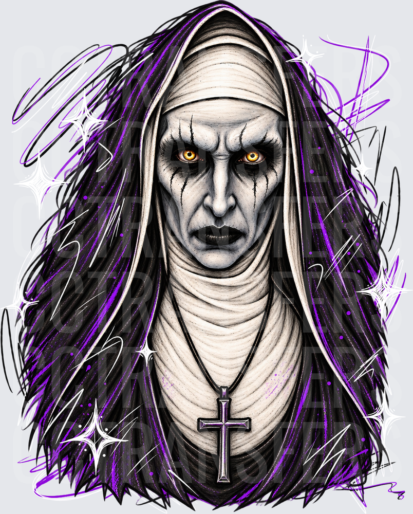 Evil Nun Glowing Eyes Cross Necklace Purple Sketch Art (DTF)