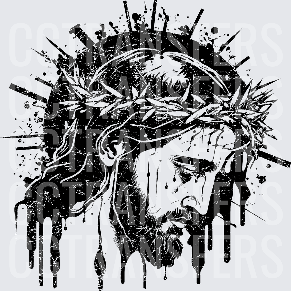Black and White Jesus Crown of Thorns Grunge Drip Art (DTF)