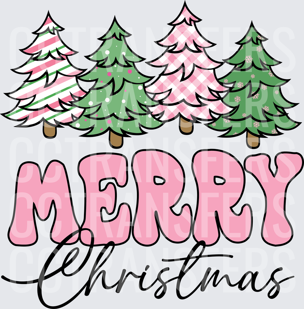 Merry Christmas Pink Patterned Christmas Trees (DTF)