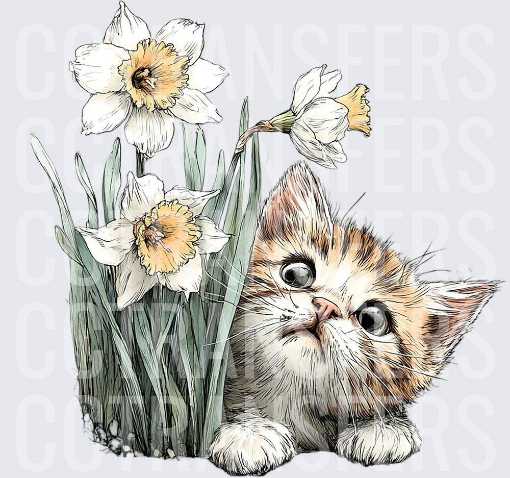 Fluffy Kitten Peeking Through White Daffodils (DTF)