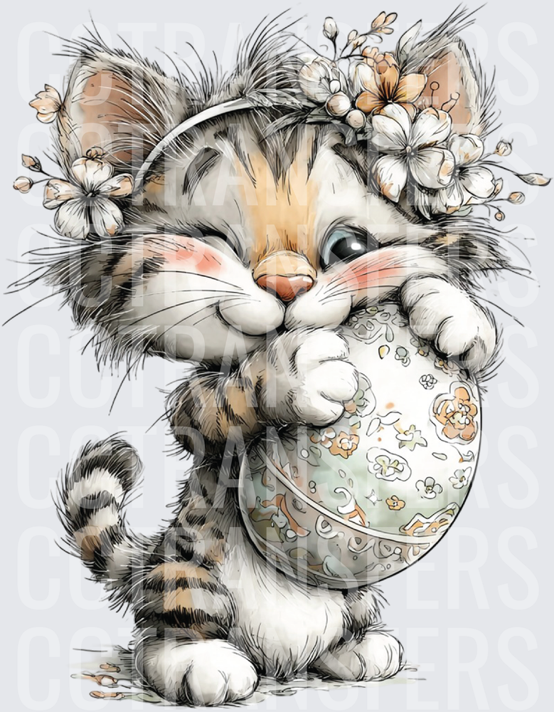 Cute Tabby Kitten Floral Crown Holding Decorative Egg (DTF)