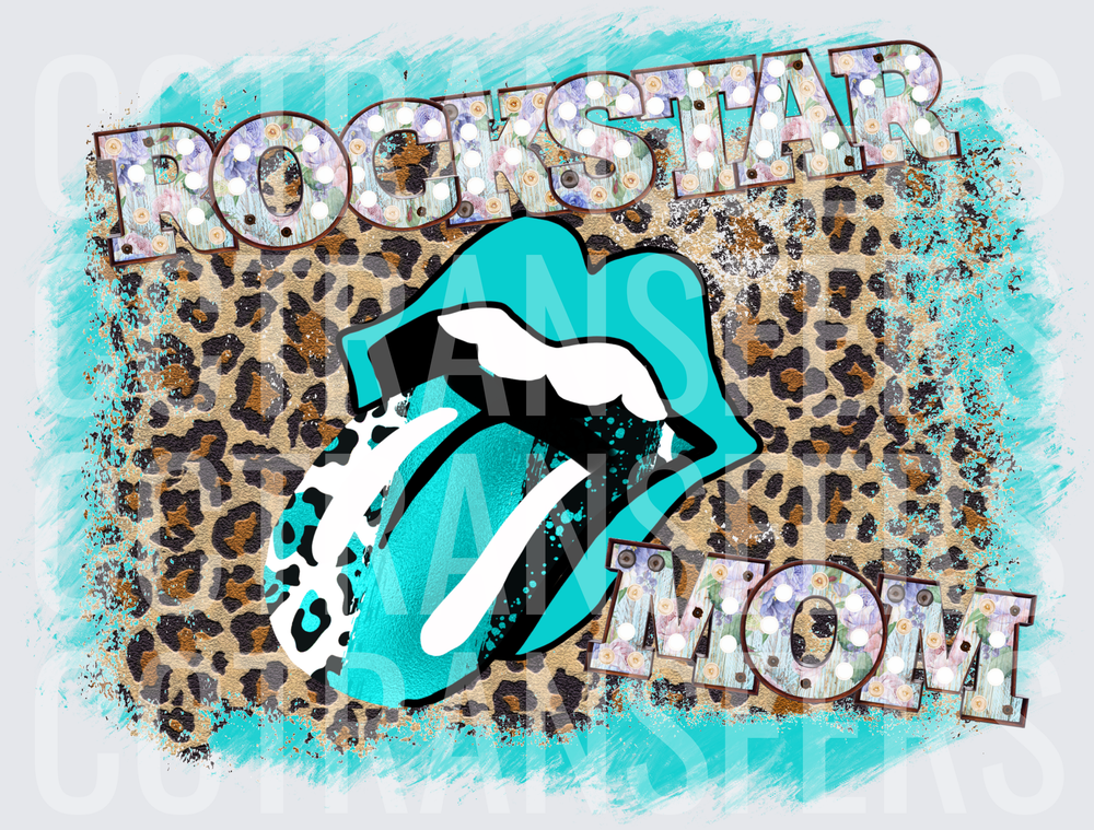 Rockstar Mom Teal Lips Tongue Leopard Print (DTF)