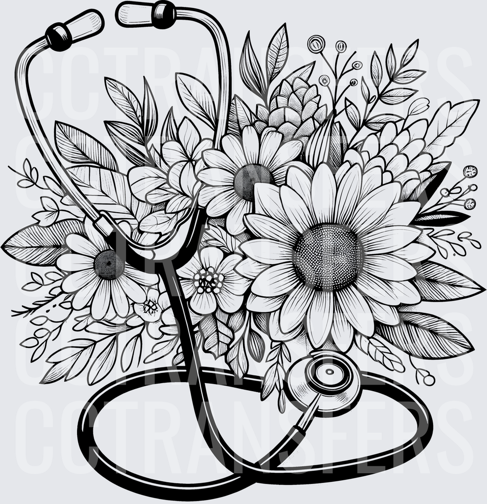 Black and White Floral Stethoscope Bouquet (DTF)