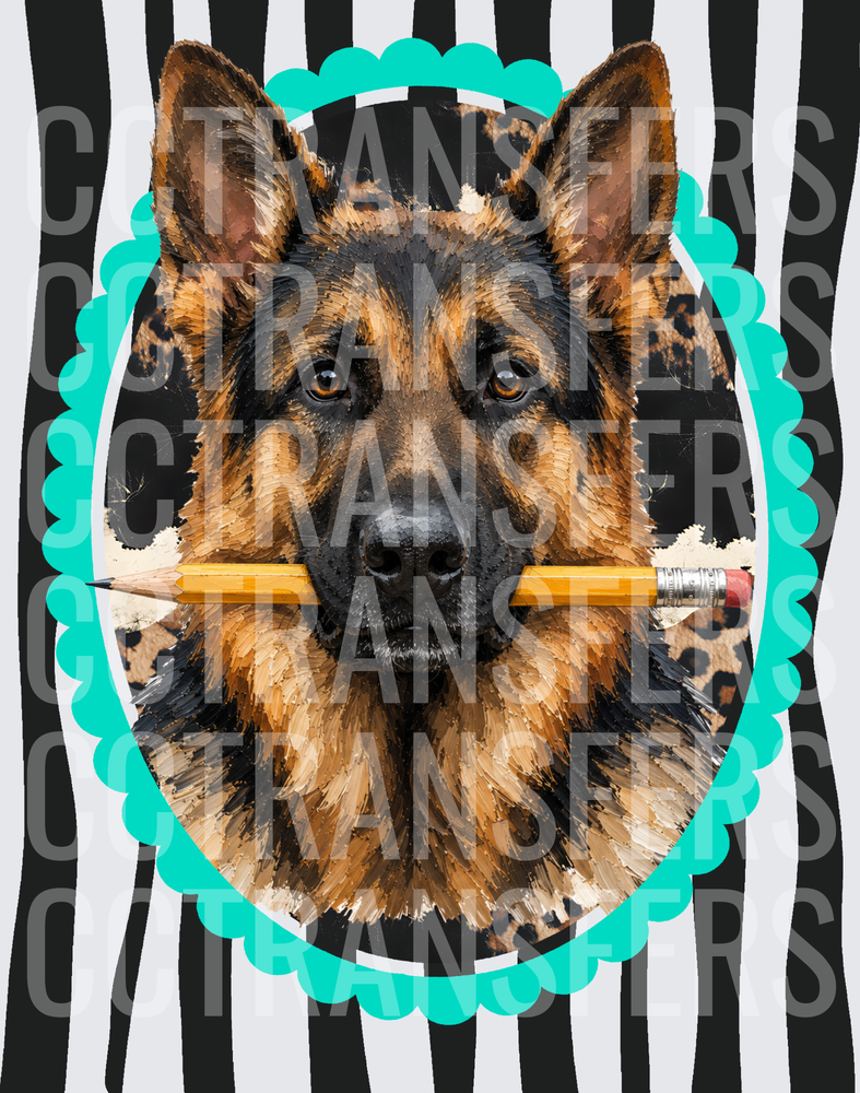 German Shepherd Holding Pencil Teal Scallop Frame (DTF)