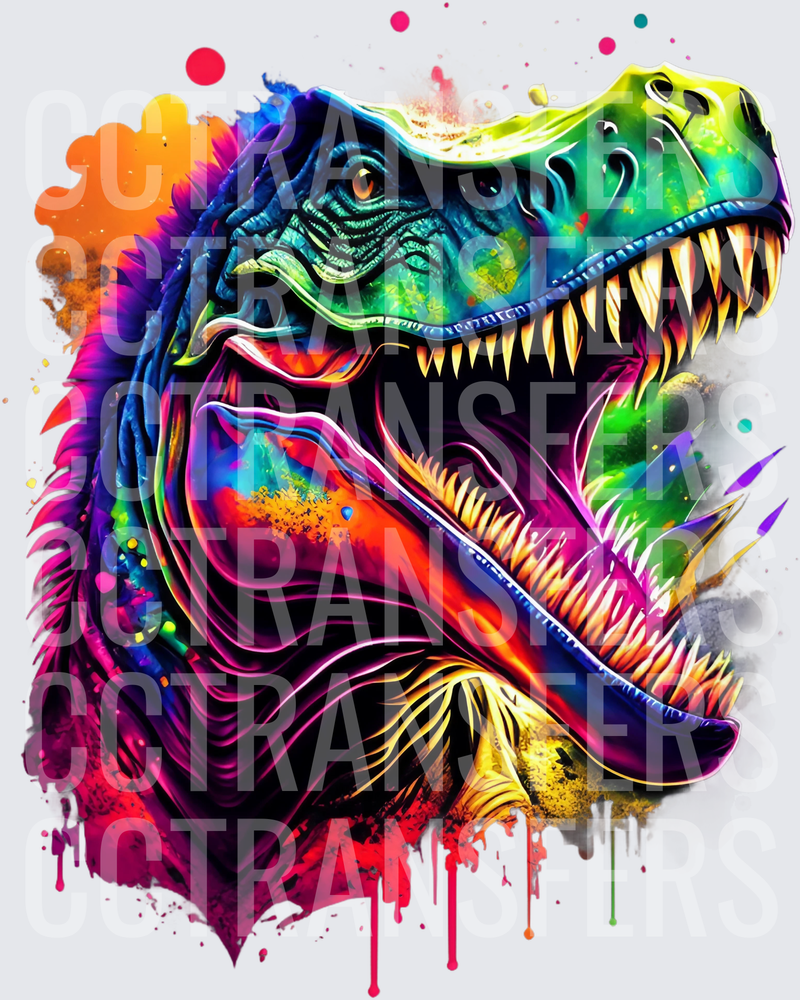 Neon Rainbow T-Rex Roaring Jaws Colorful Splash Art (DTF)