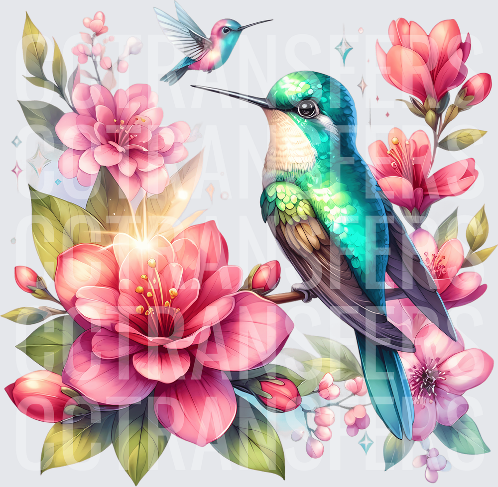 Teal Hummingbird Perched on Pink Blooms with Sparkles (DTF)