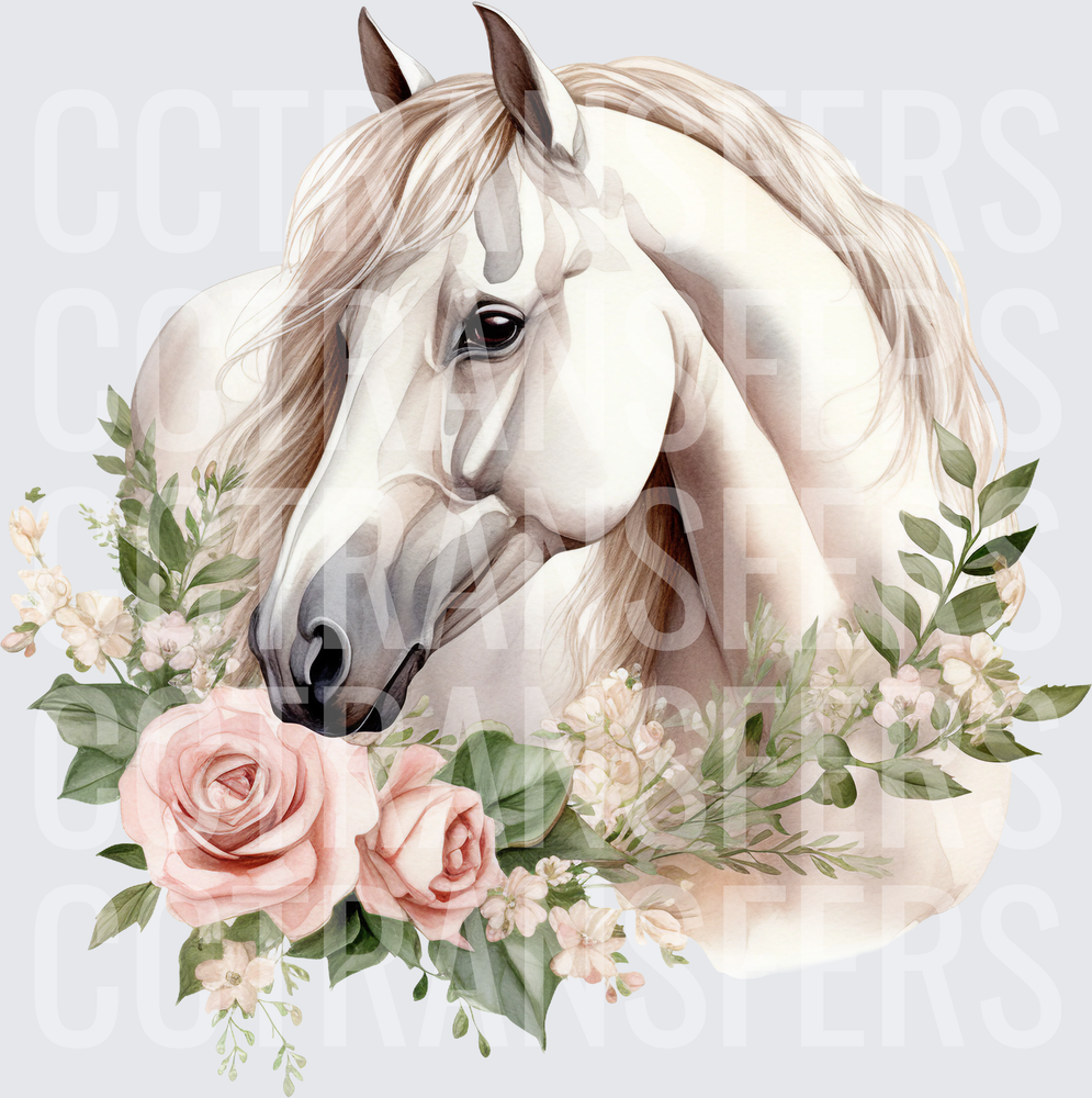 Watercolor White Horse with Pink Roses Floral Wreath (DTF)