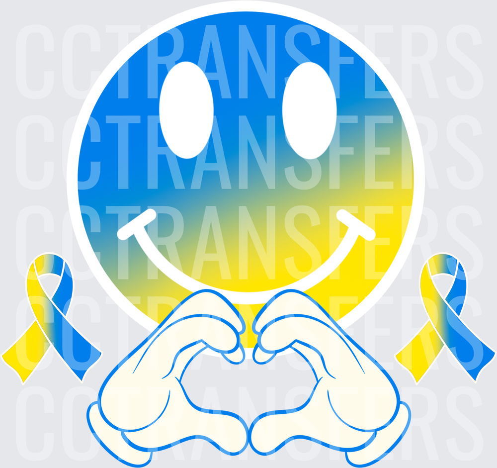 Blue Yellow Gradient Smiley Face Heart Hands Awareness Ribbons (DTF)