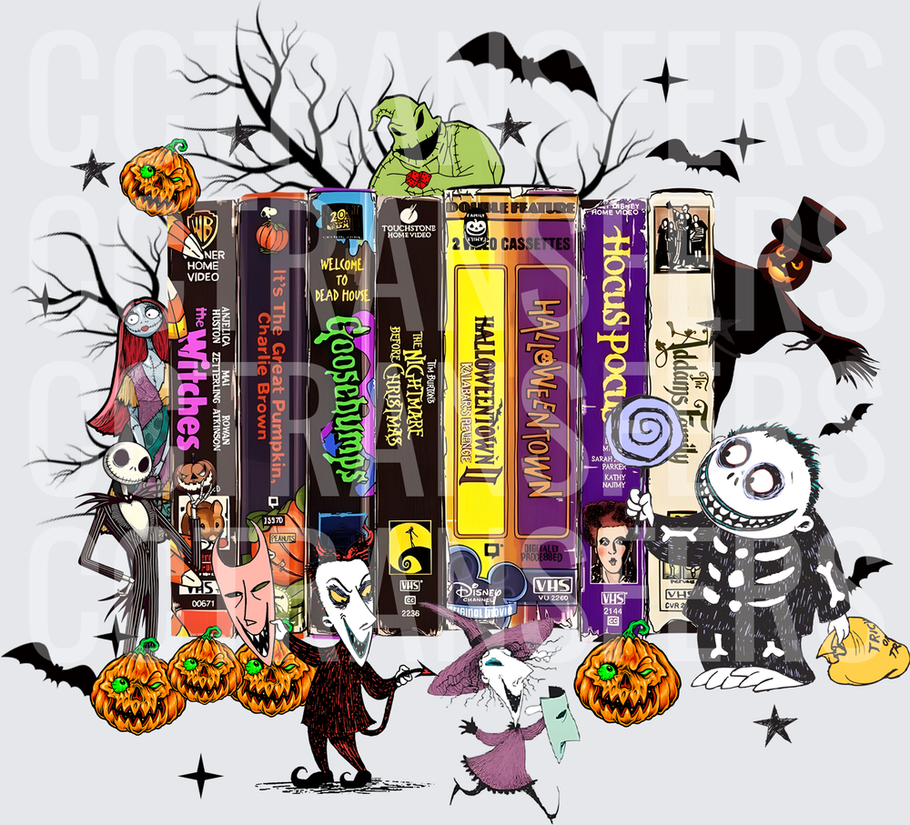 Halloween VHS Tape Stack with Spooky Characters & Pumpkins (DTF)