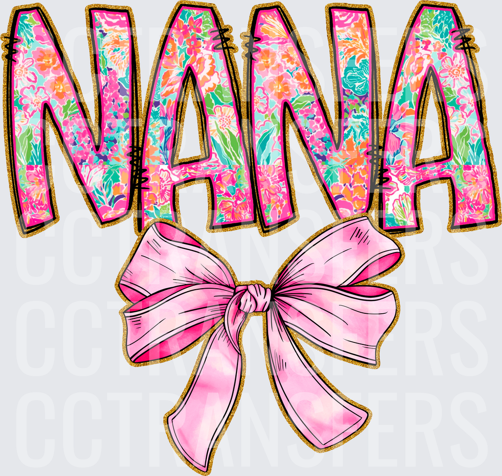 Nana Floral Letters Gold Outline Pink Bow (DTF)