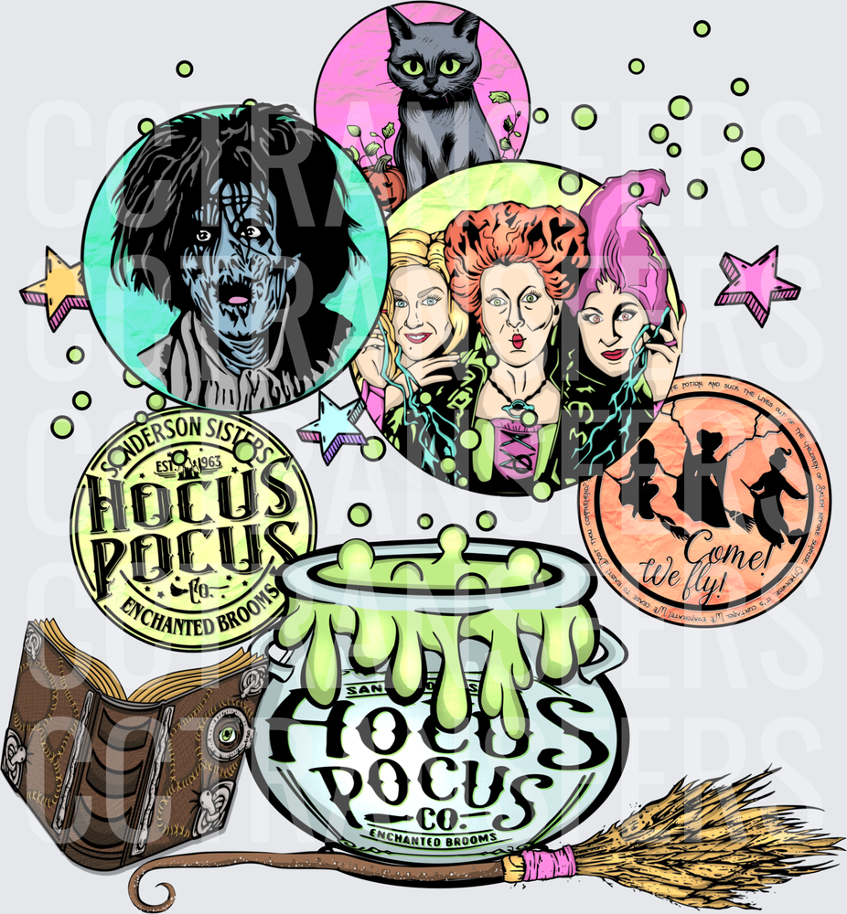 Hocus Pocus Co Witch Sisters Zombie Cat Cauldron Come We Fly (DTF)