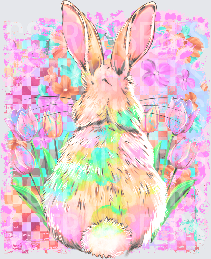 Pastel Rainbow Bunny Tulips Checkered Floral Spring (DTF)