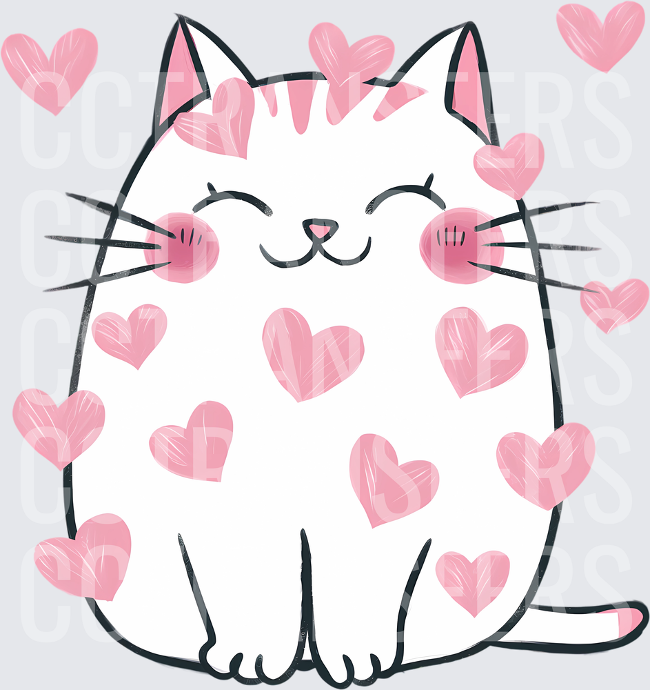 Chubby Happy White Cat Surrounded by Pink Hearts (DTF)