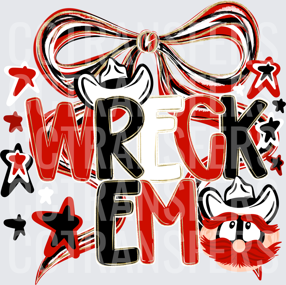 Wreck Em Mascot Bow Stars Red Black Game Day (DTF)