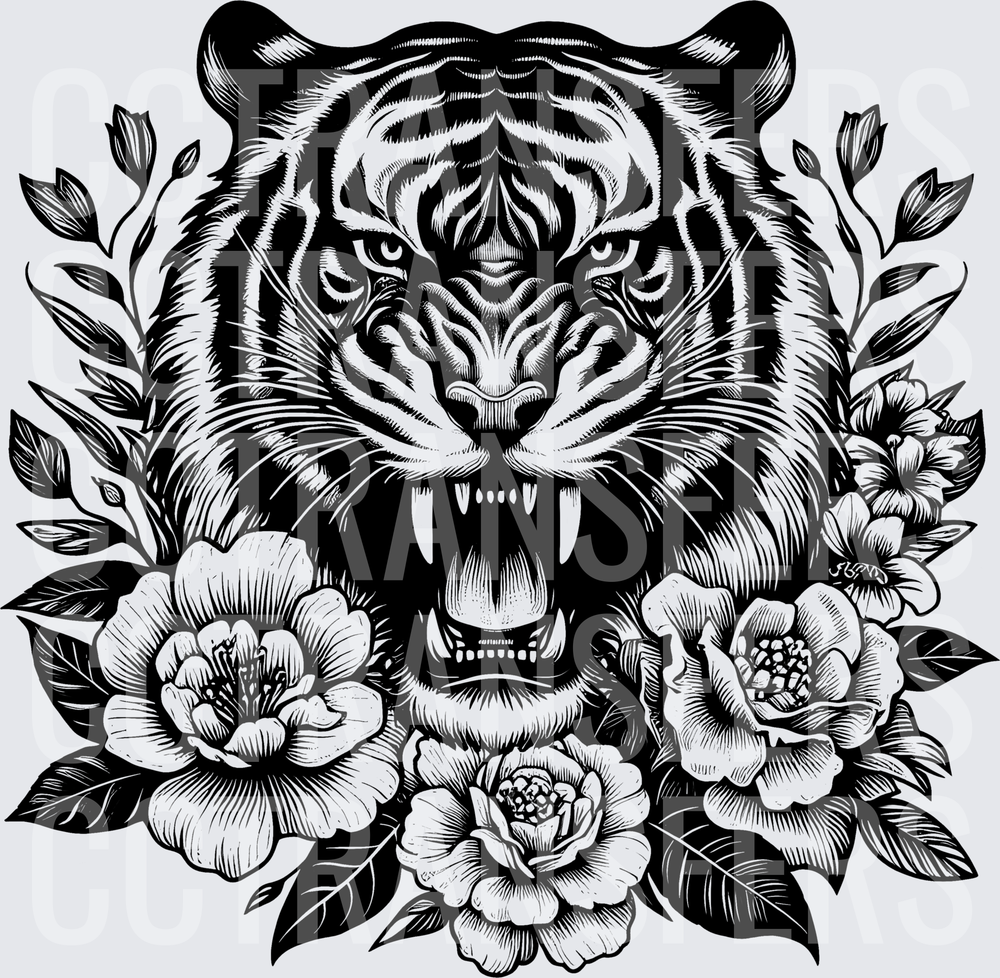 Fierce Roaring Tiger Face with Floral Botanical Frame (DTF)