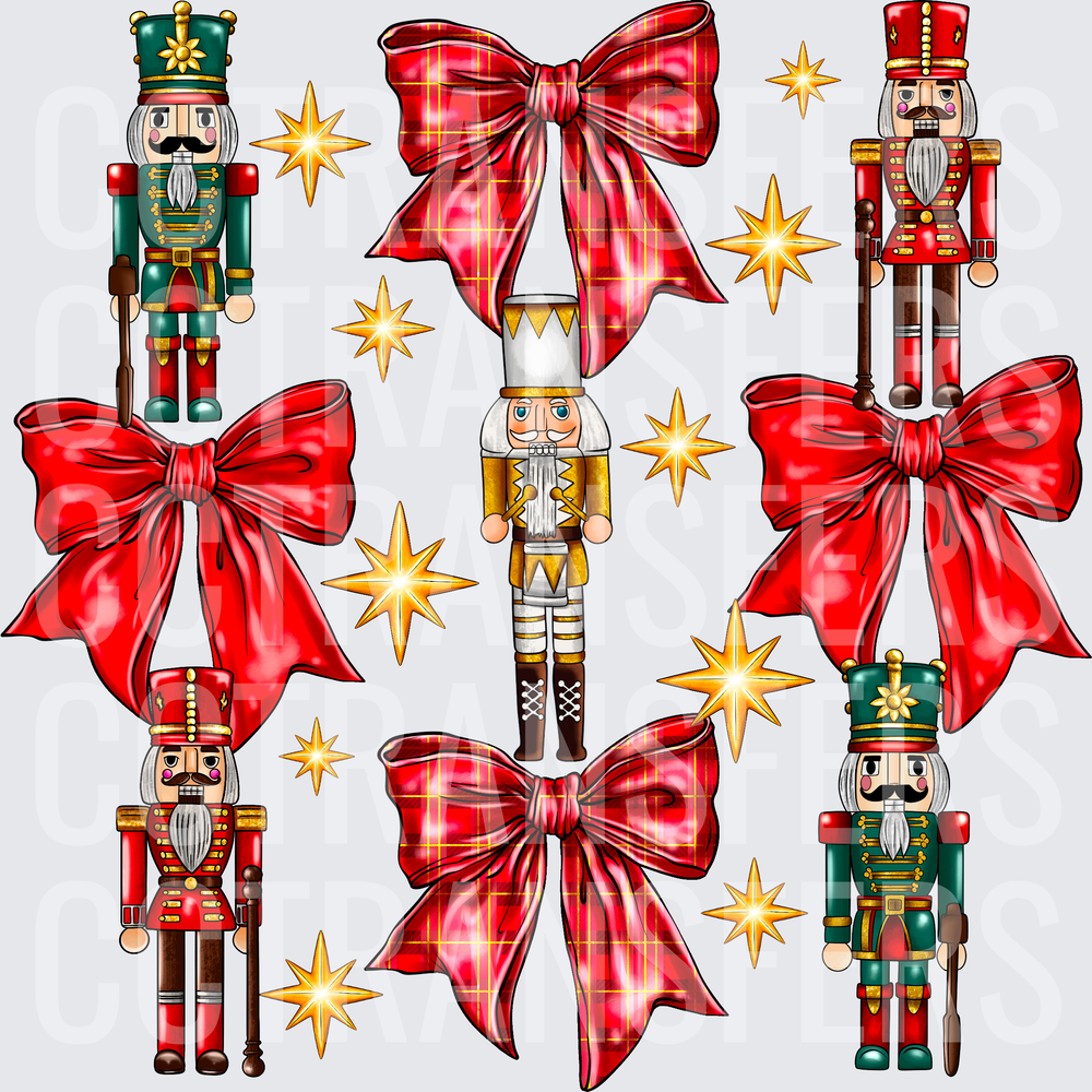 Christmas Toy Soldier Nutcrackers Red Plaid Bows Gold Stars (DTF)