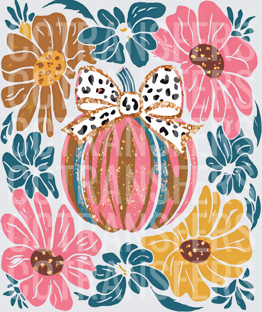 Boho Floral Pumpkin with Leopard Bow Gold Glitter (DTF)