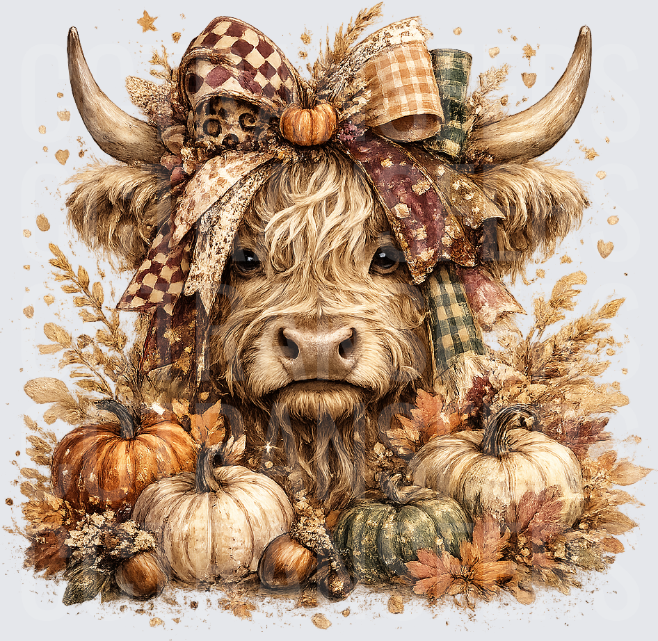 Fluffy Highland Cow Fall Bow Pumpkins Autumn Harvest (DTF)