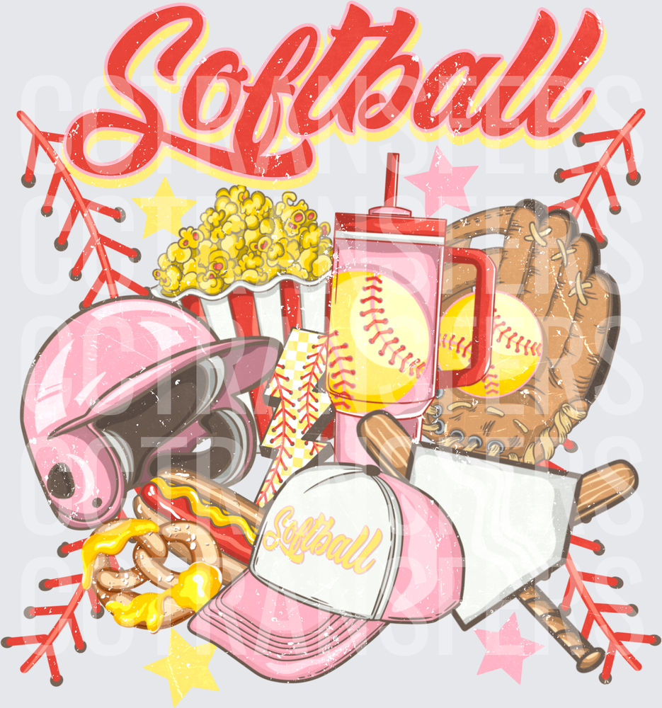 Softball Glove Bat Helmet Pink Cap Snacks Collage (DTF)