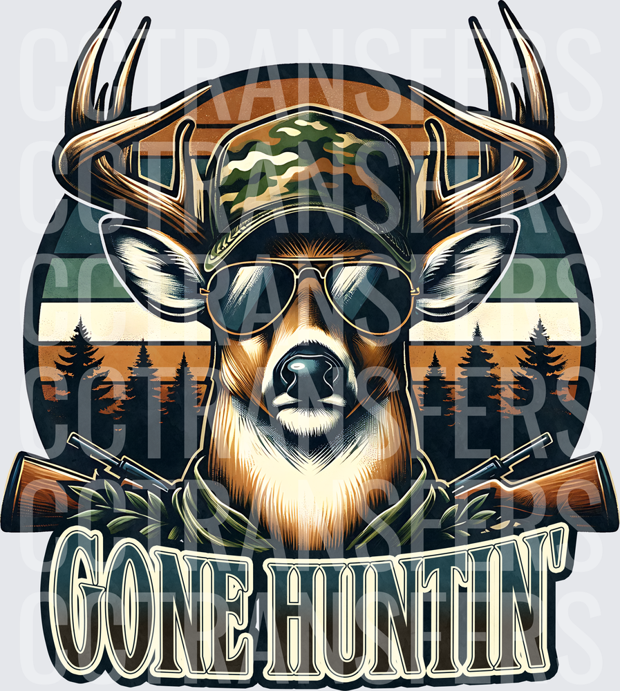 Gone Huntin' Cool Buck Camo Hat Aviators Crossed Rifles (DTF)