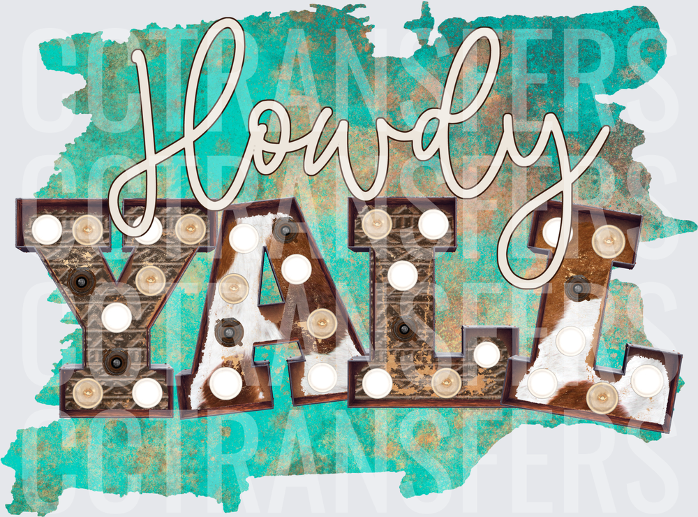 Howdy Y'all Marquee Lights Cowhide Turquoise Splash (DTF)