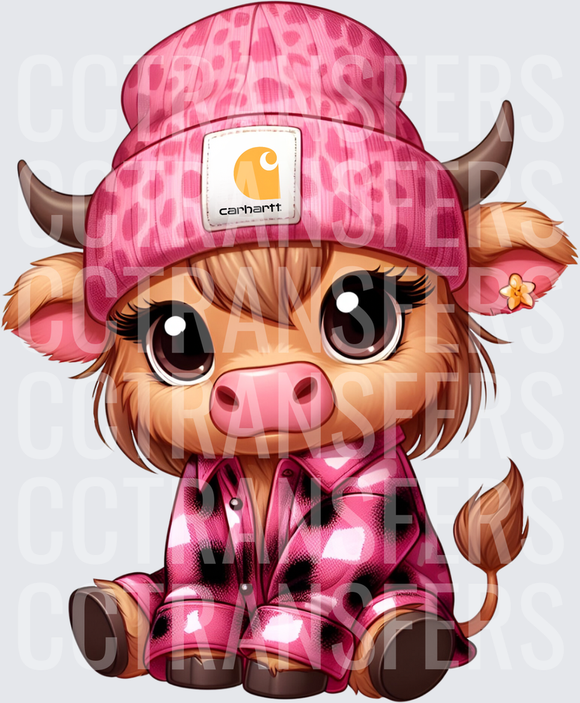 Cute Baby Highland Cow Pink Leopard Beanie Flannel Outfit (DTF)