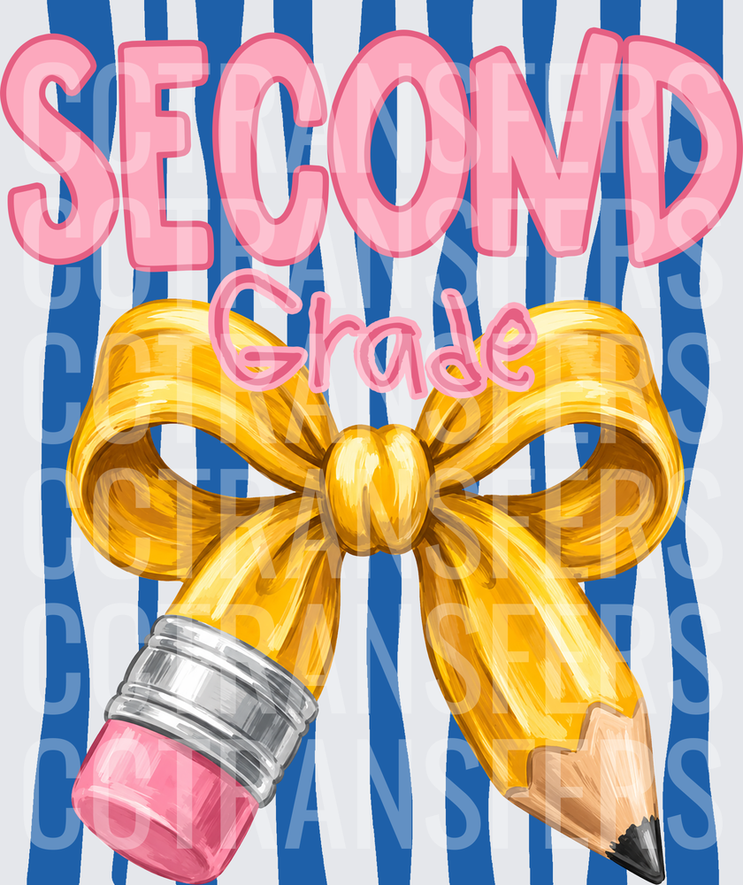 Second Grade Gold Bow Pencil Blue Stripe (DTF)