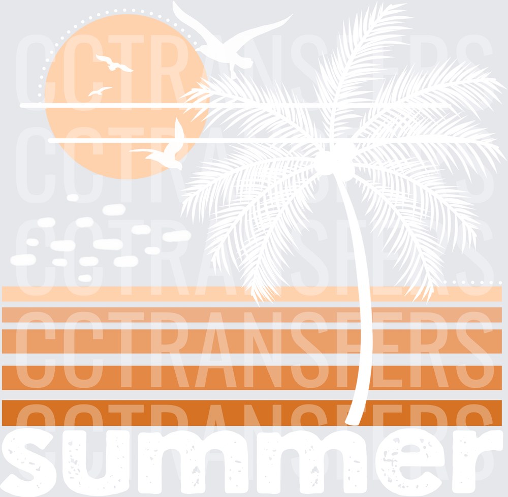 Tropical Sunset Palm Tree Seagulls Gradient Stripes (DTF)