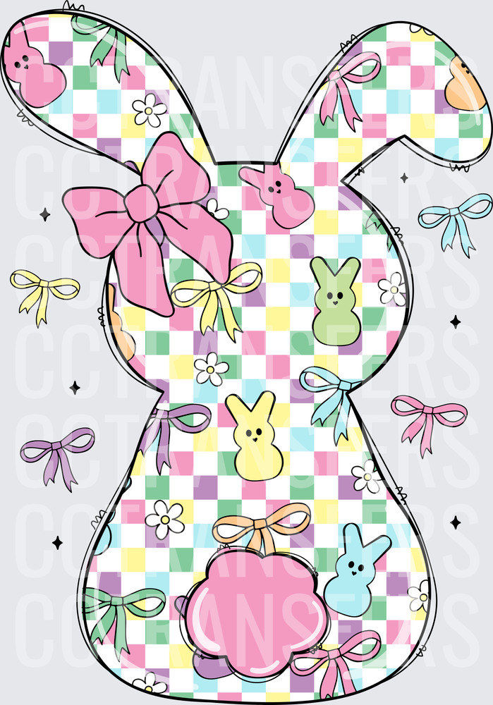Pastel Checker Bunny With Marshmallow Chicks And Bows (DTF)