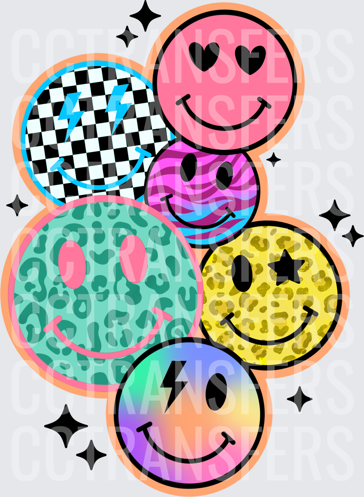 Retro Patterned Smiley Face Cluster with Sparkles (DTF)