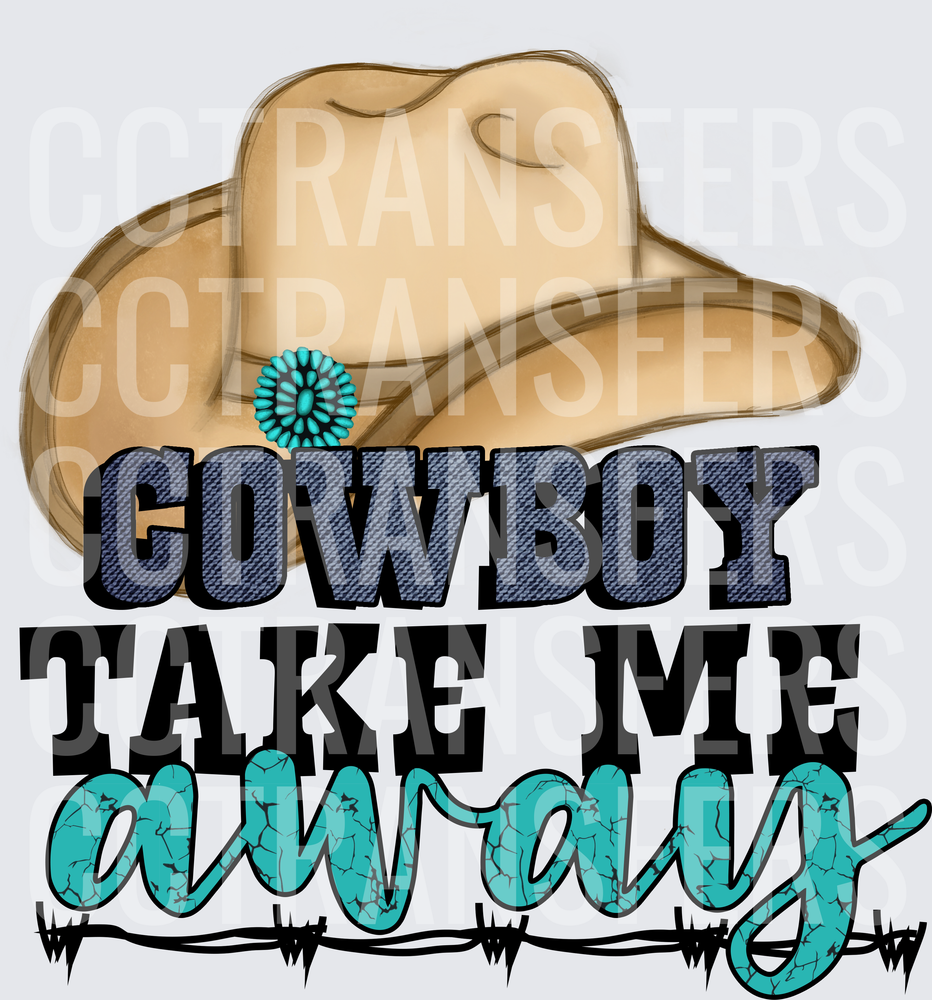 Cowboy Take Me Away Hat Turquoise Concho Barbed Wire (DTF)