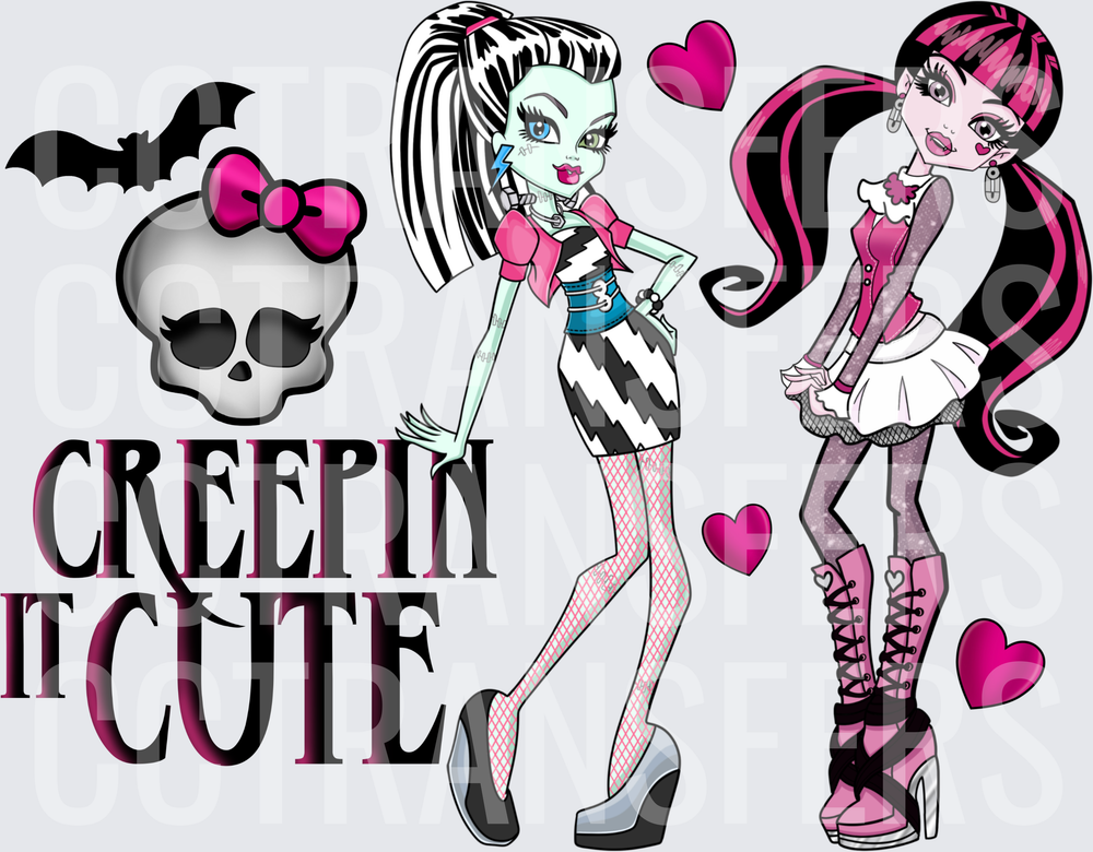 Creepin It Cute Monster Girls Skull Bat Hearts (DTF)