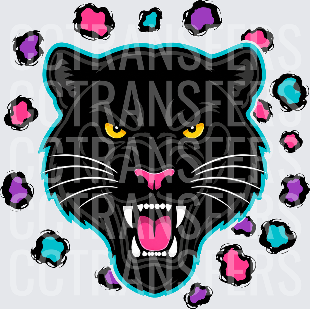 Fierce Black Panther Head Teal Outline Colorful Paw Prints (DTF)