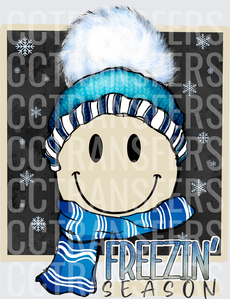 Freezin' Season Smiley Face Winter Beanie Snowflakes (DTF)