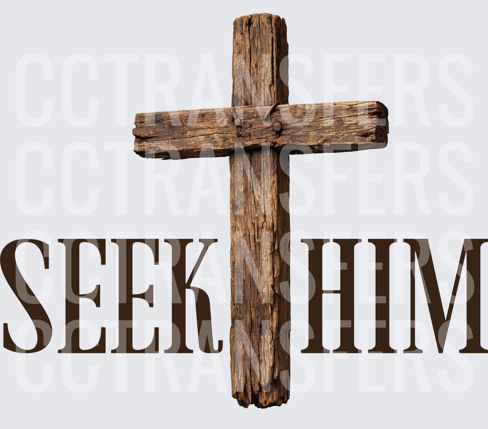 Rustic Wooden Cross with Iron Nails Seek Him (DTF)
