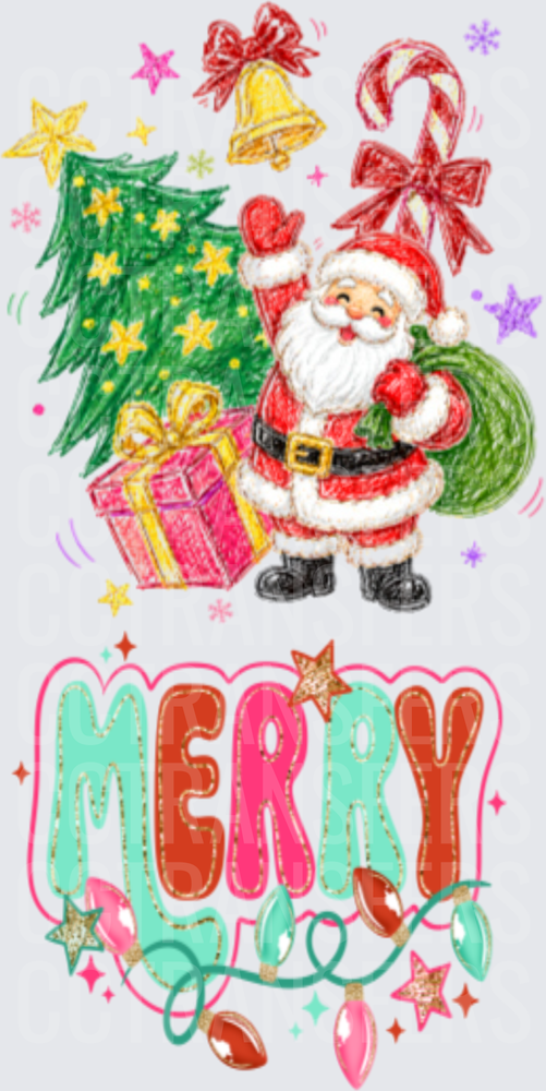 Merry Santa Claus with Christmas Tree and Gifts (DTF)
