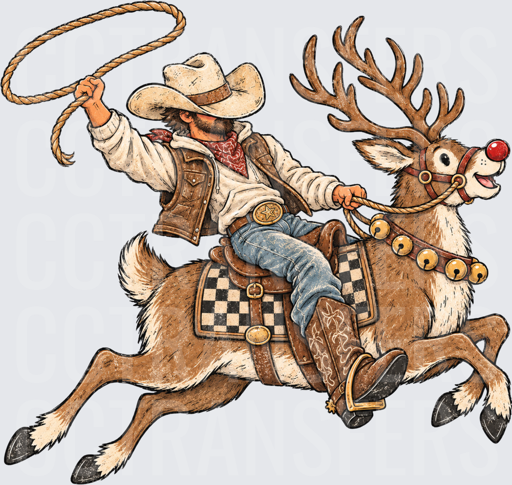 Western Cowboy Riding Red-Nosed Reindeer with Lasso (DTF)