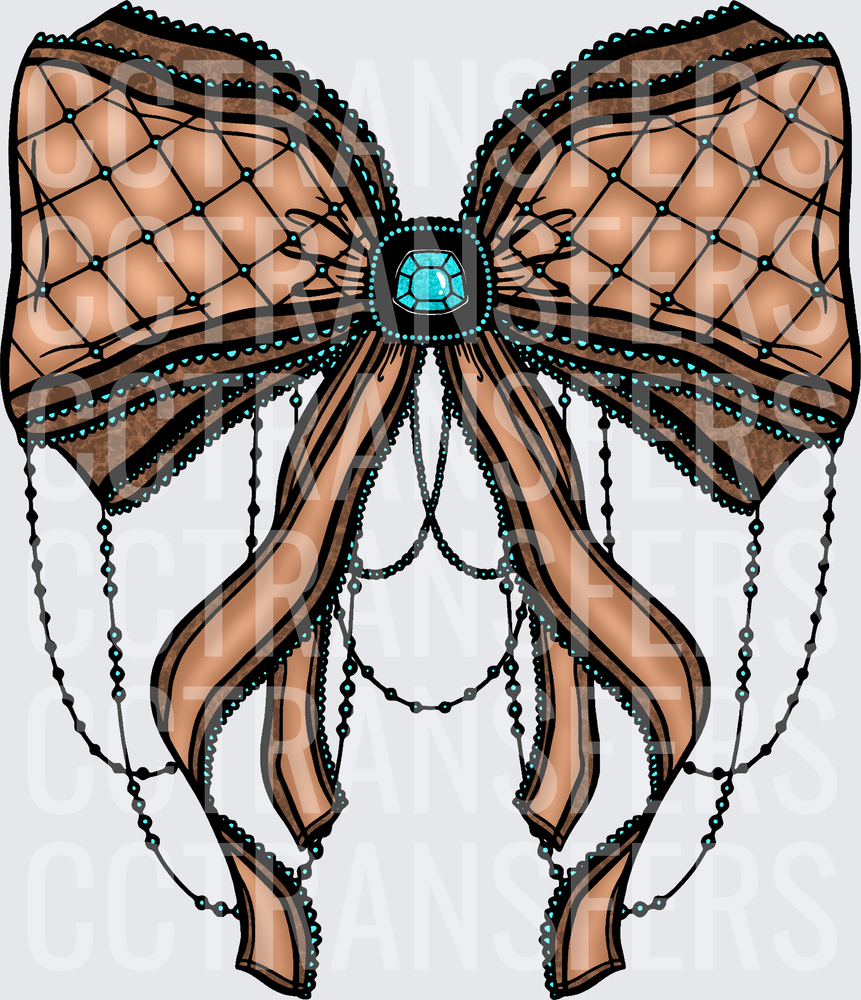 Ornate Tan Bow with Teal Gem and Beaded Chains (DTF)