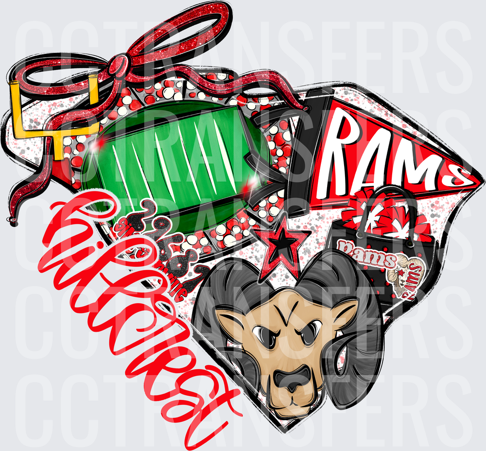 Rams Football Mascot Glitter Cheer Spirit Collage (DTF)