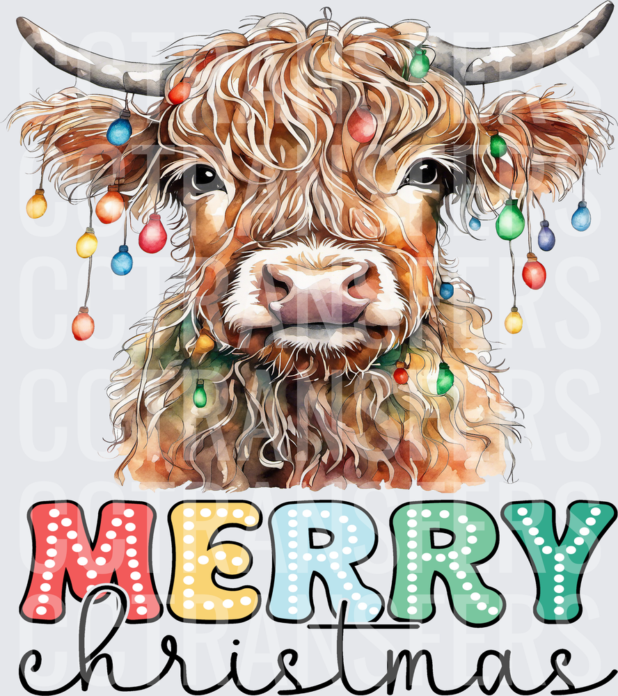 Merry Christmas Fluffy Highland Cow with Colorful Lights (DTF)