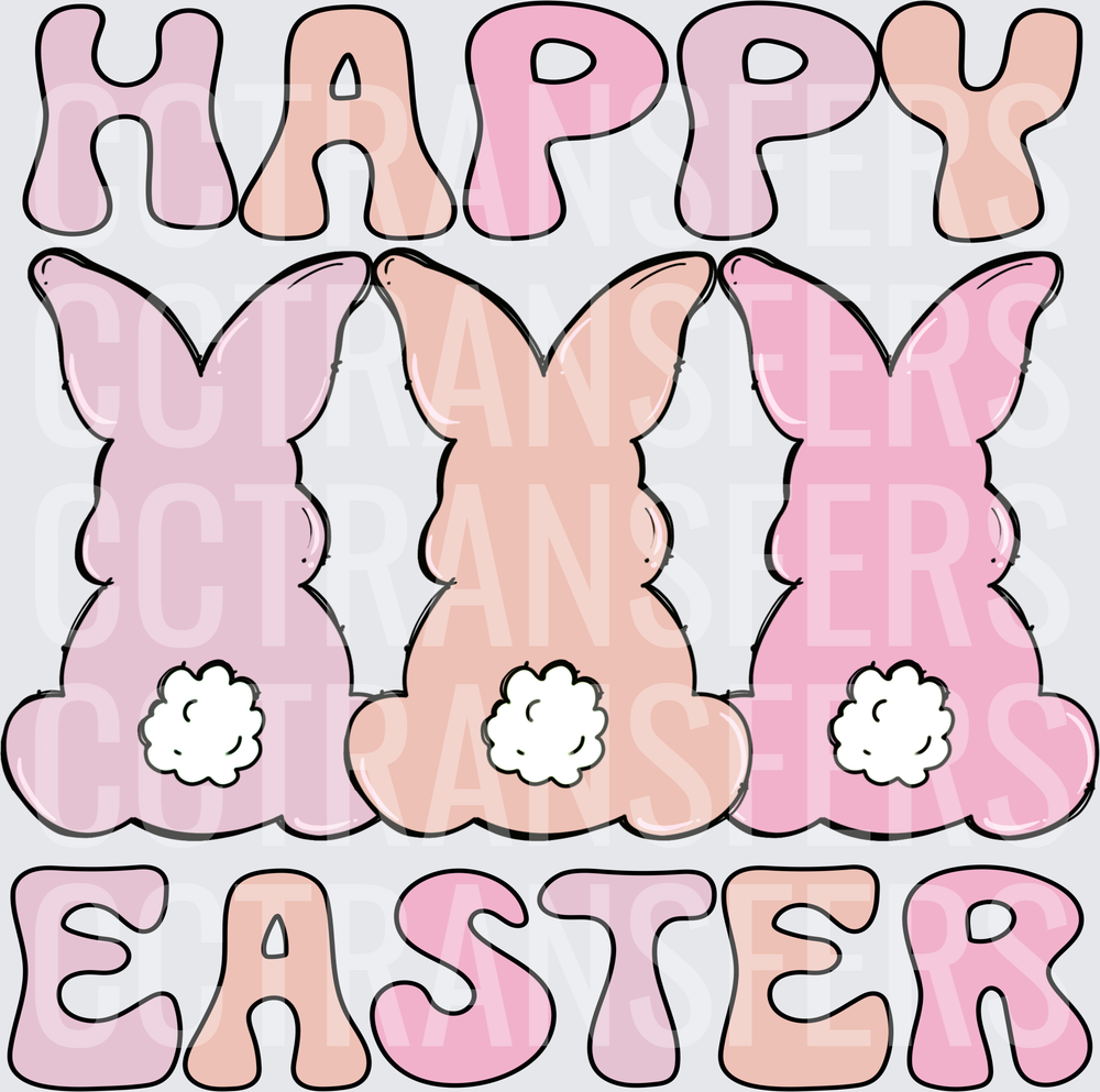 Happy Easter Three Pastel Bunny Backs with Fluffy Tails (DTF)