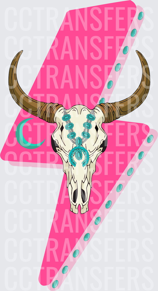 Hot Pink Lightning Bolt Bull Skull Turquoise Squash Blossom (DTF)