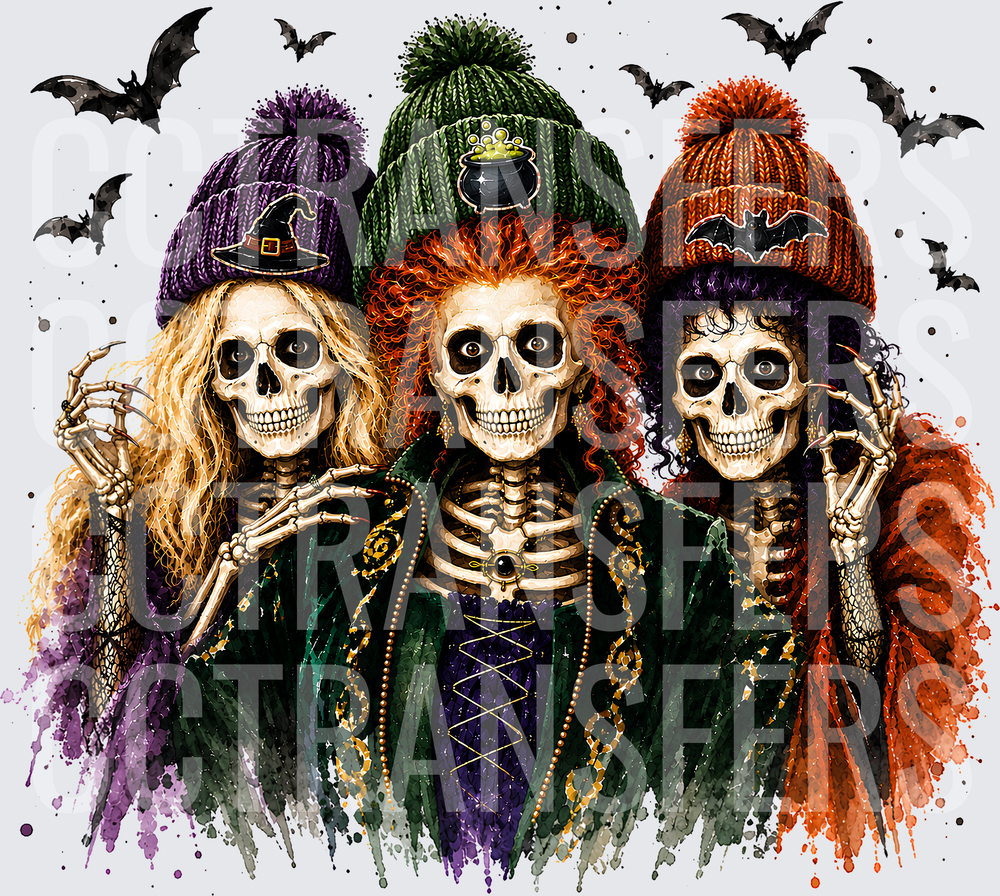 Skeleton Witch Sisters Pom Beanies Halloween Bats (DTF)
