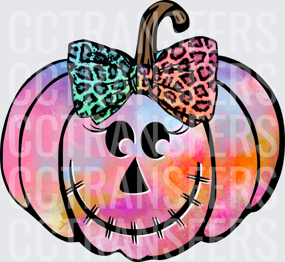 Tie Dye Jack-O-Lantern Pumpkin with Leopard Print Bow (DTF)