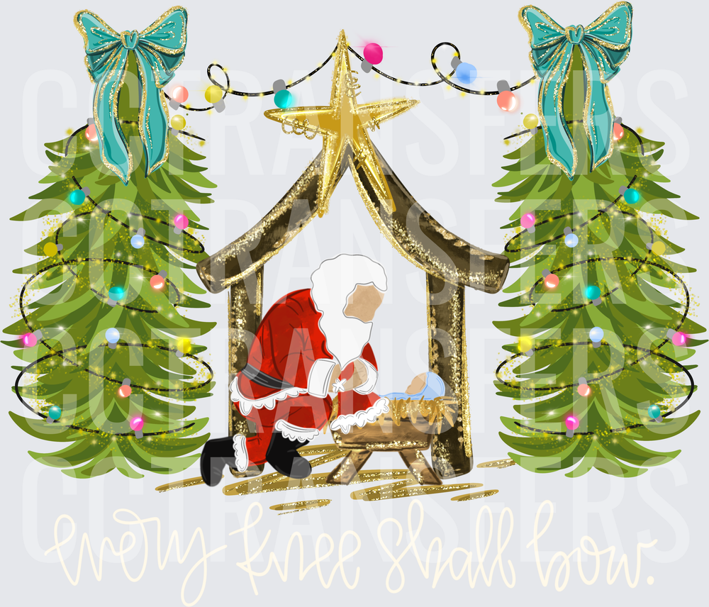 Santa Kneeling at Nativity Manger Every Knee Shall Bow (DTF)