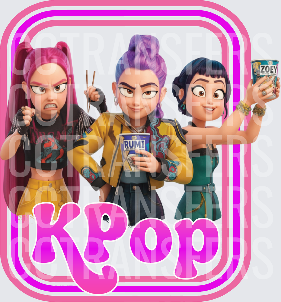 Animated Girl Trio KPop Bold Retro Pink Border (DTF)