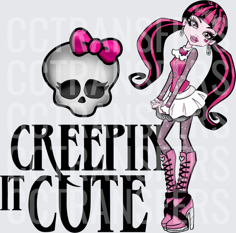 Creepin It Cute Vampire Girl Pink Skull Logo (DTF)