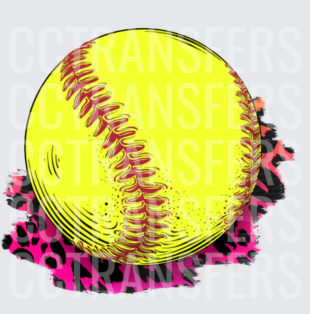 Neon Yellow Softball Pink Leopard Print Brush Stroke (DTF)